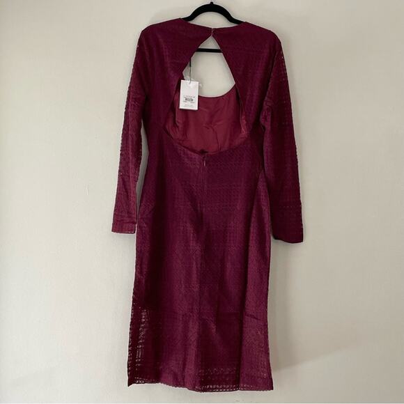 Bardot Revolve Marion Lace Dress Long Sleeve Knee Length Open Back Slit Maroon 8 - Picture 6 of 12